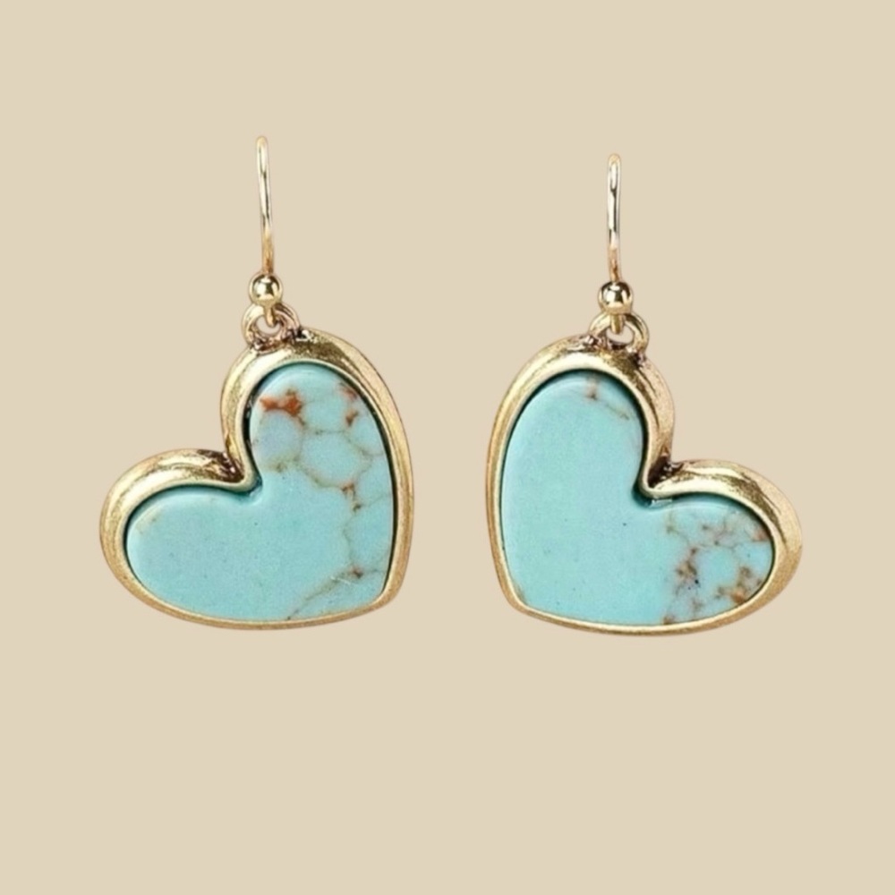 Heart Shape Turquoise Inlaid Dangle Earrings Retro Bohemian Style. 1 Pair